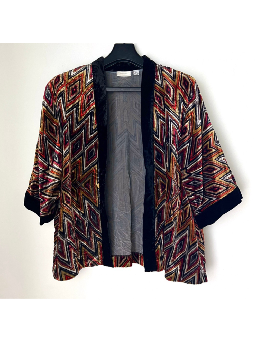 Chico's Heloisa Diamond Days Velvet Diamond Print Kimono Cardigan Sz 3 (XL)